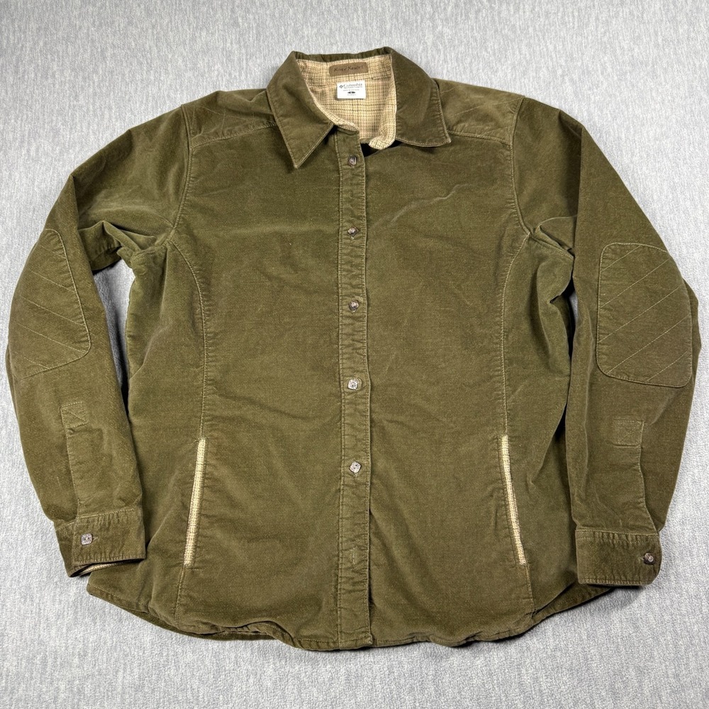 Columbia Shirt Women L Olive‎ Green Corduroy Button Up Jacket River Resort Patch